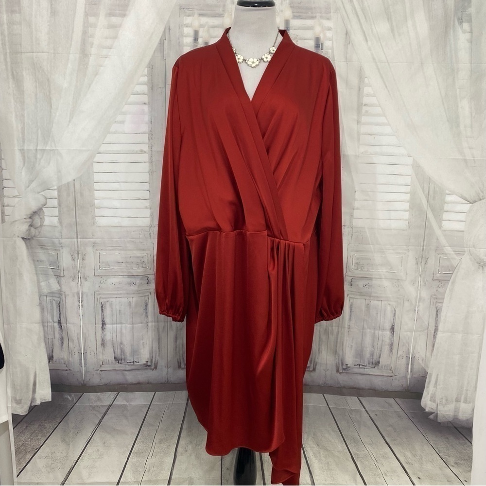 Alex Marie Size 24W Plus Rust V-Neck Long Sleeve Draping Panel Wrap Dress Satin